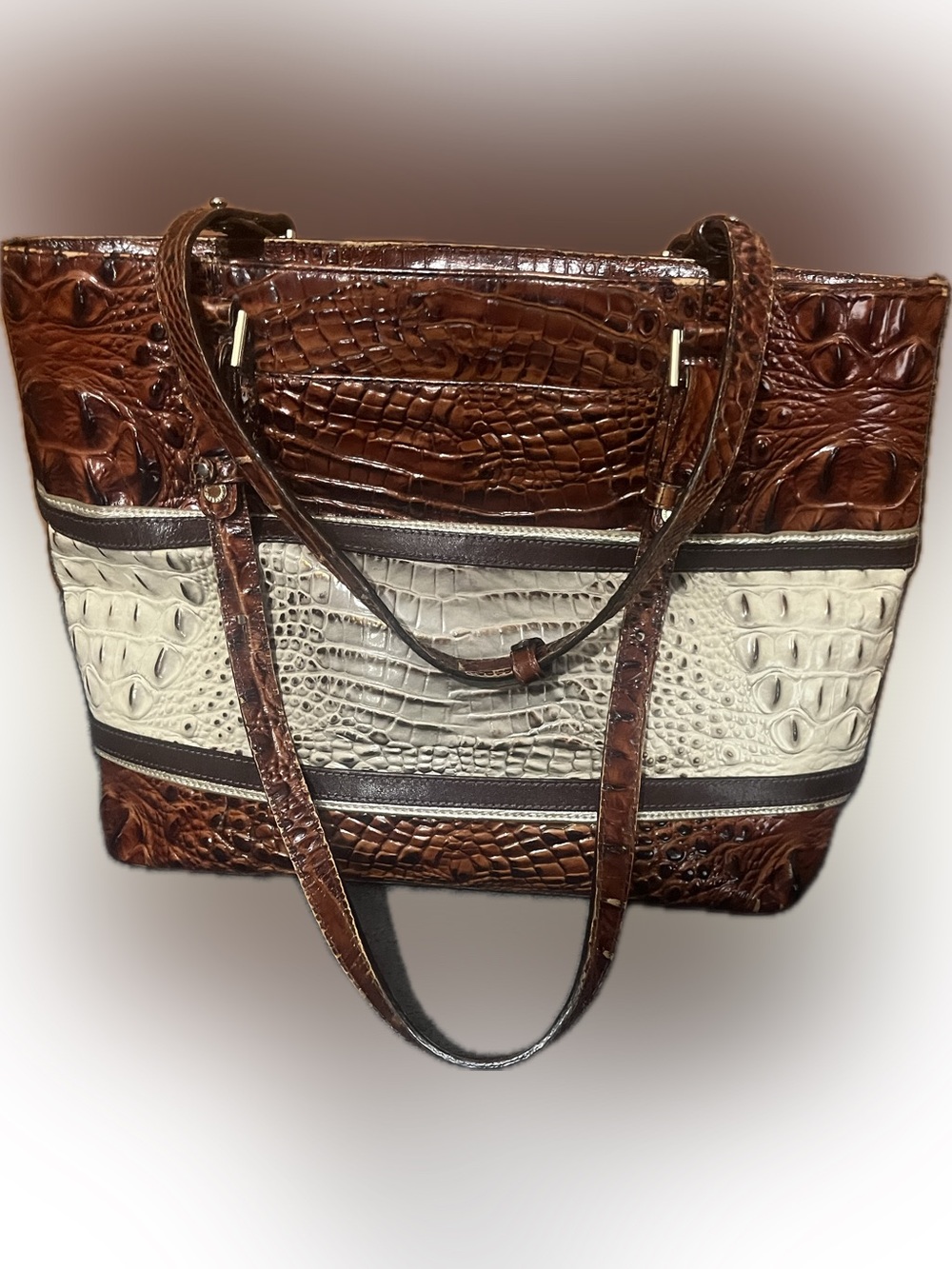 Brahmin Brown & Cream Croc-Embossed Tote Bag